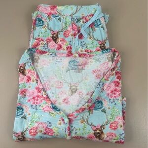 Posh Peanut Blue Pink Floral Fawn Bow Long Bamboo Pajama Set Womens 2 X-Large